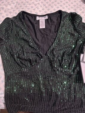 Green Sequin V-Neck Blouse